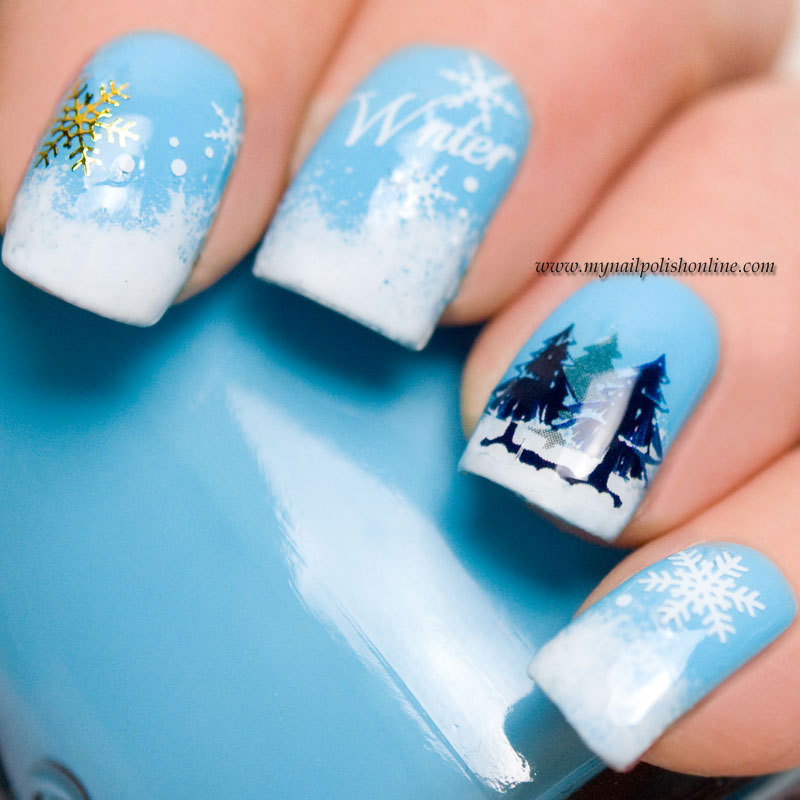 White And Blue Ombre Winter Nail Art