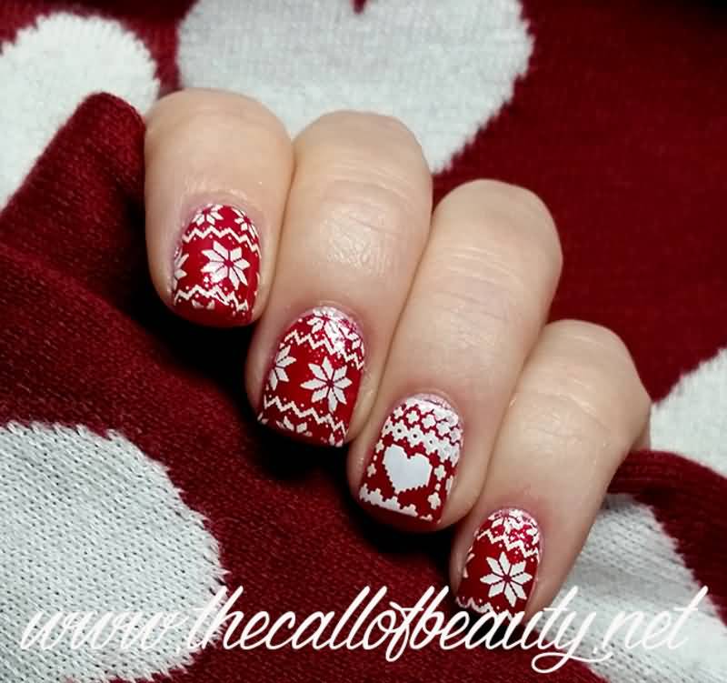 White And Red Winter Flowers Nail Art Design