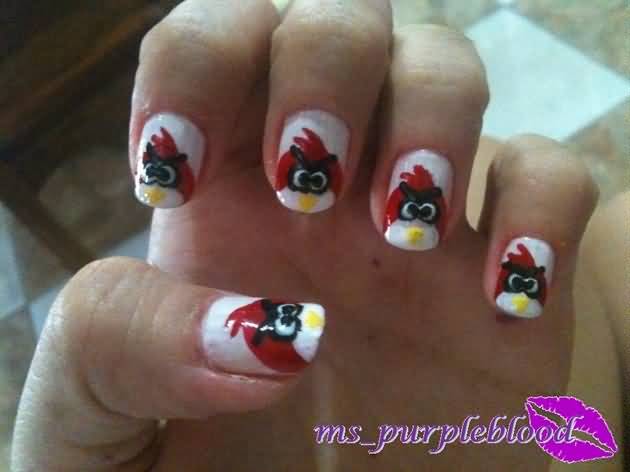 White Base Nails With Red Angry Birds Nail Art