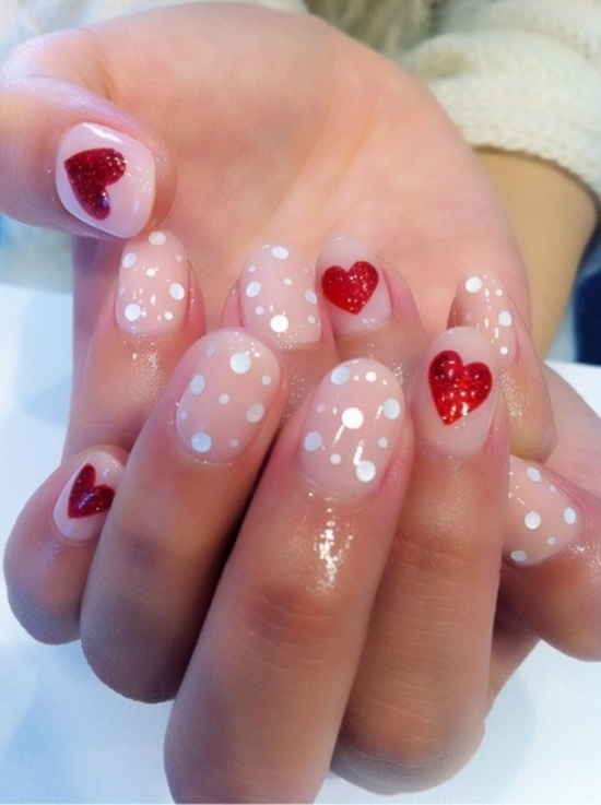 White Dots And Red Heart Winter Nail Art