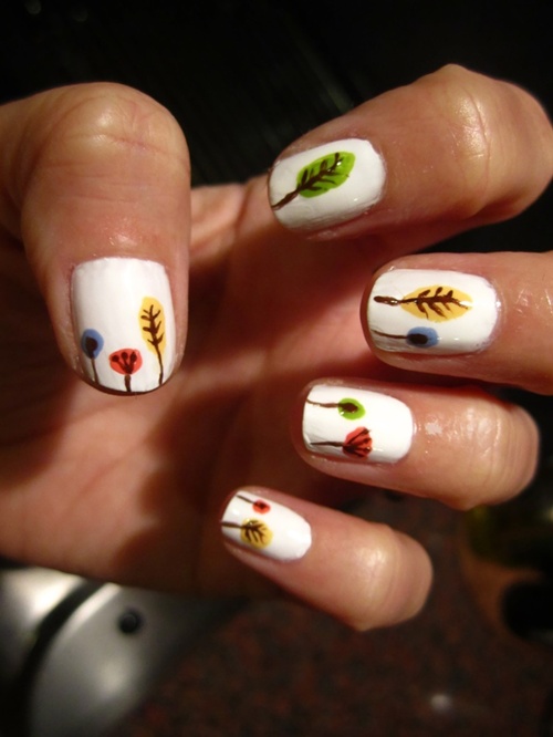 White Nails With Autumn Flowers Nail Design Idea