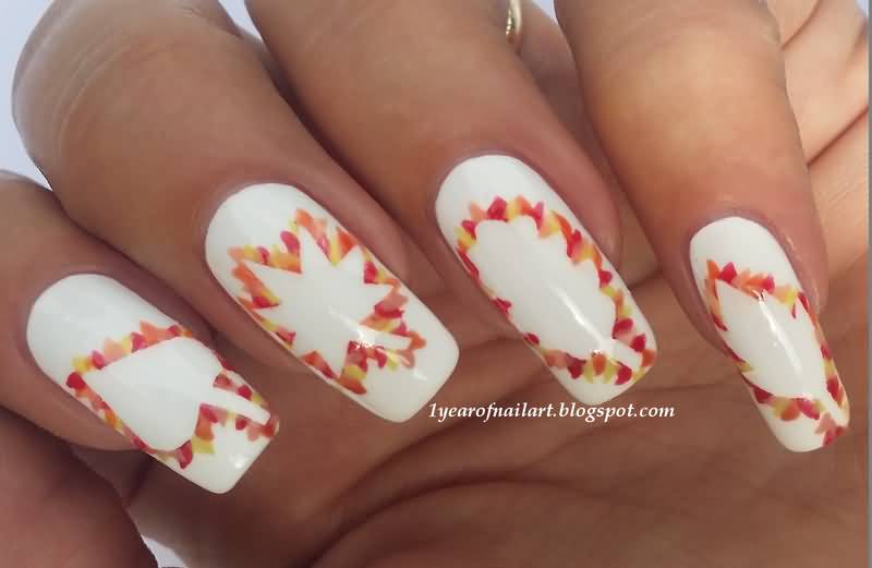 White Nails With Autumn Flowers Nail Design