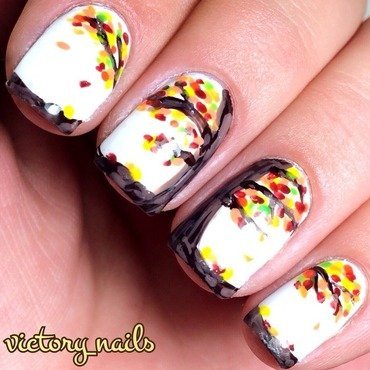 White Nails With Autumn Leaves Tree Nail Art By Nicole