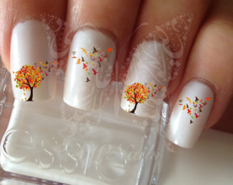 White Nails With Fallen Autumn Tree Nail Art