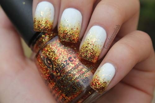 White Nails With Gold Glitter Design Winter Nail Art