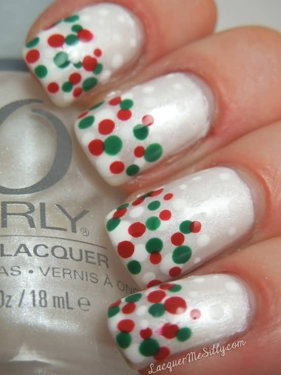 White Nails With Green And Red Dots Winter Nail Art