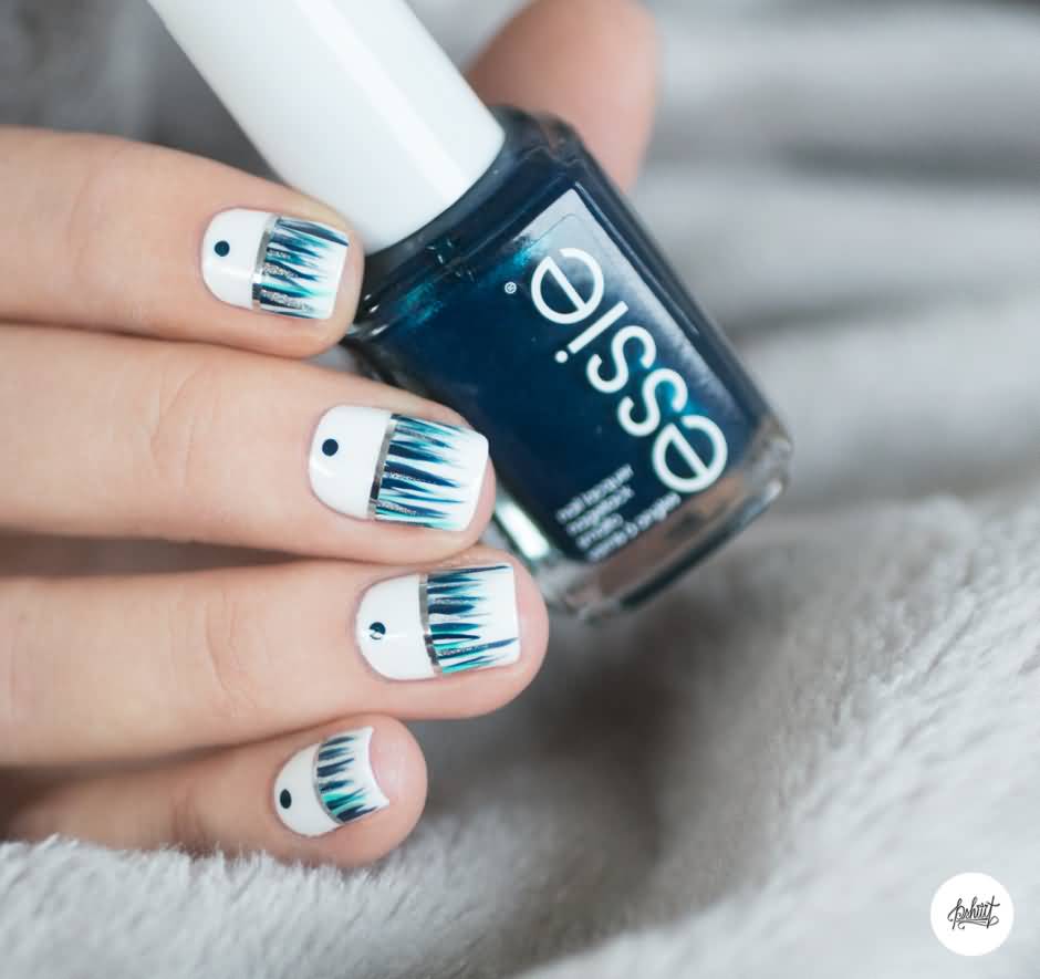 White Nails With Green Stripes Winter Nail Art