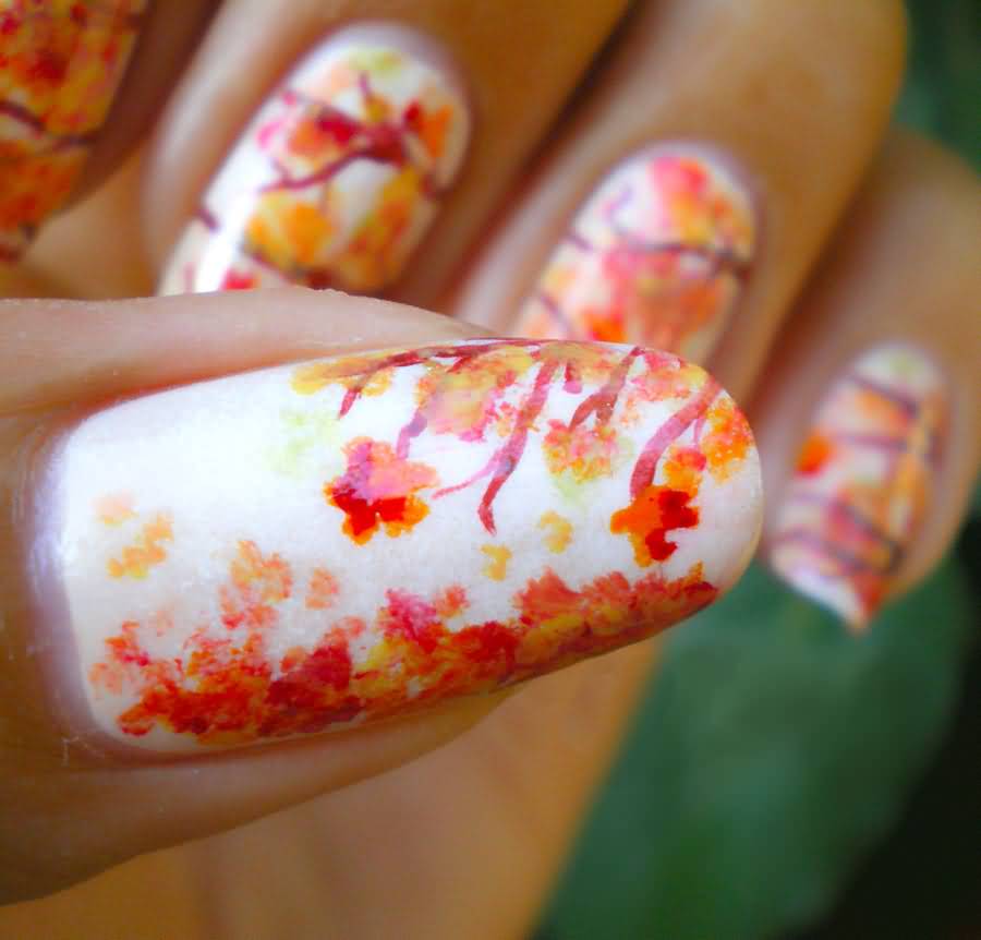 White Nails With Orange Autumn Flowers Nail Art Design