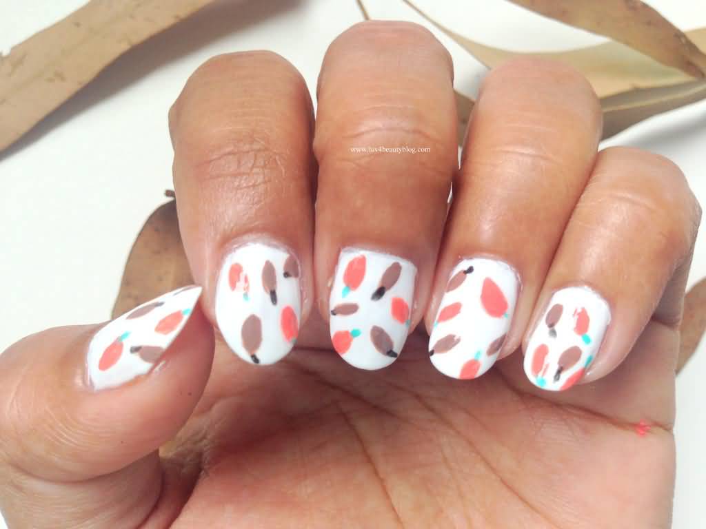 White Nails With Pink And Brown Autumn Flowers Nail Art