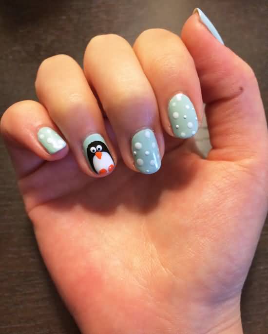 White Polka Dots And Penguin Winter Nail Art