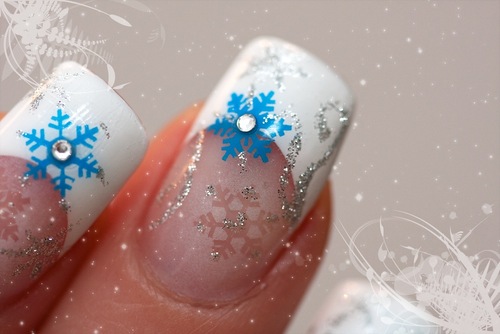 White Tip And Blue Snowflakes Design Winter Nail Art
