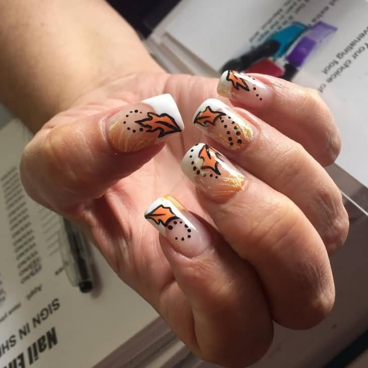 White Tip Nails With Fallen Leaves Autumn Nail Art