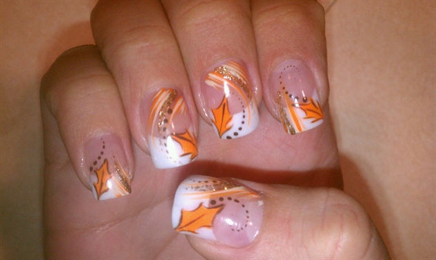 White Tip Nails With Orange Autumn Fallen Leaves Nail Art Design Idea
