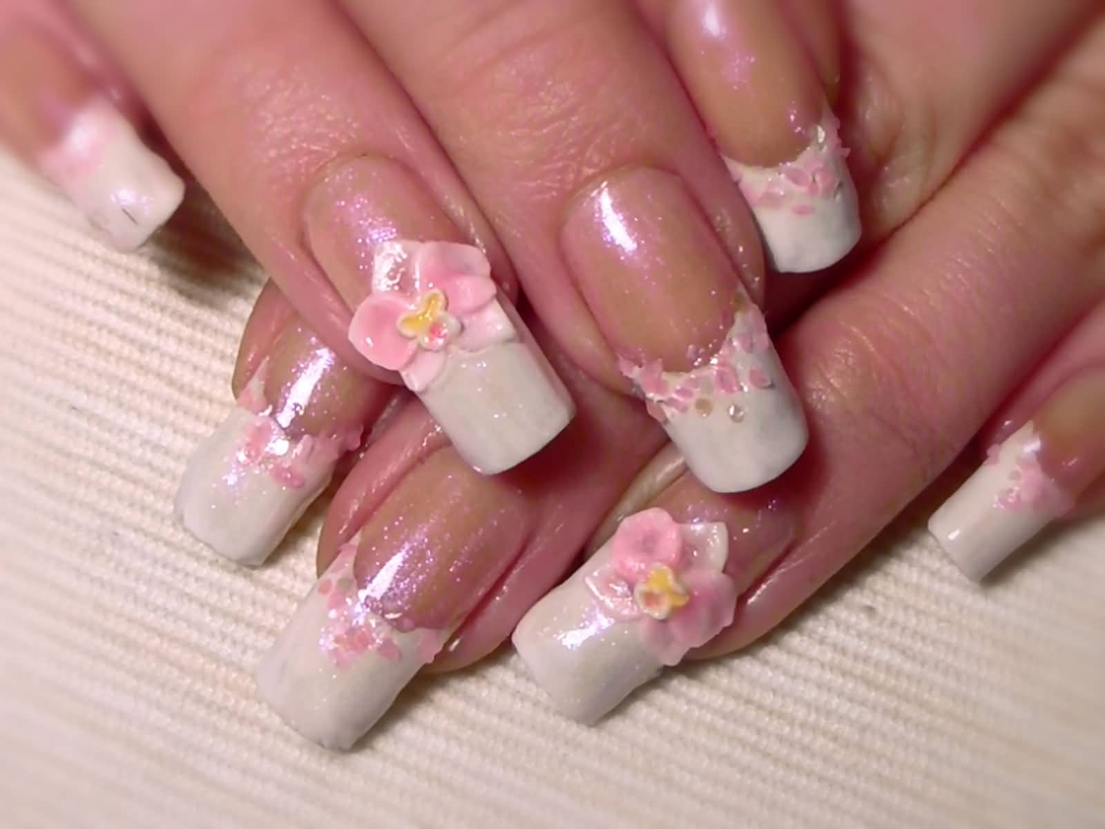 White Tip Nails With Pink 3D Flowers Nail Art