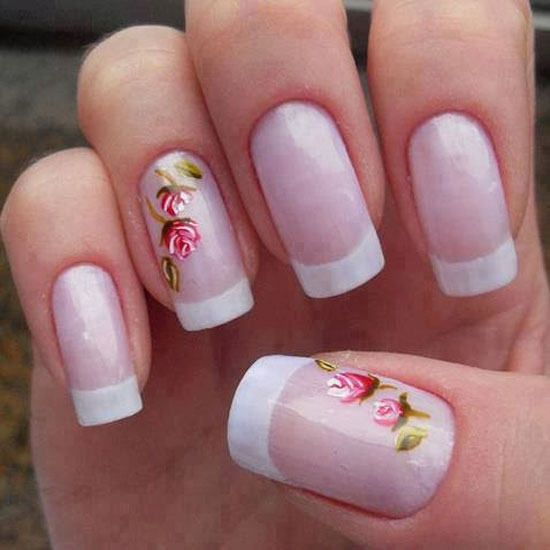 White Tip Nails With Winter Flowers Nail Art