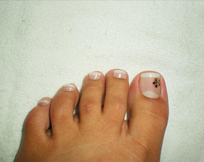 White Tip Nude Toe Nail Art With Rhinestones Flowers Design