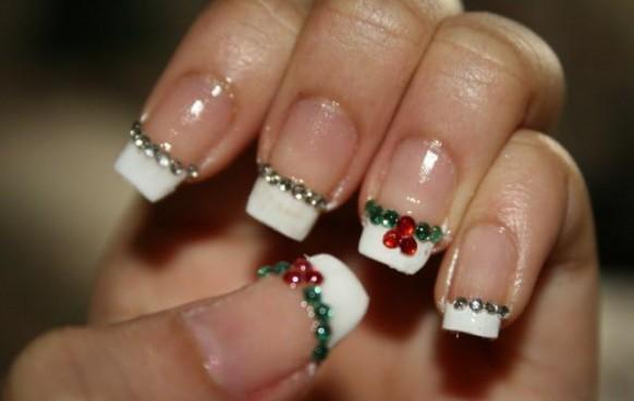White Tip With Red And Green Rhinestones Design Winter Nail Art