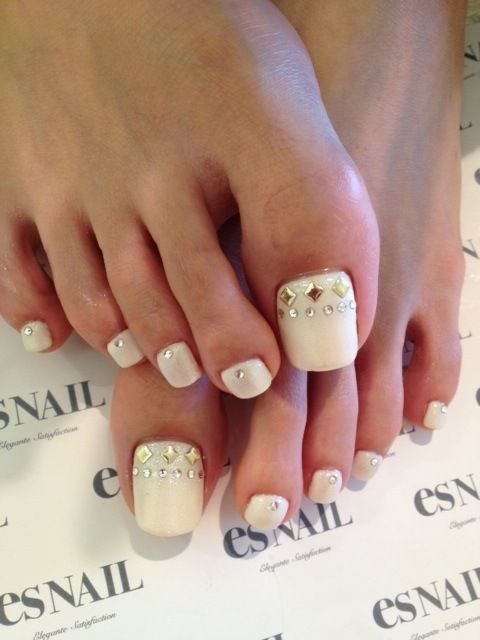 White Toe Nails With Caviar Beads Design Idea
