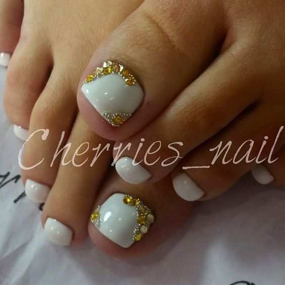 White Toe Nails With Golden Rhinestones Design Nail Art