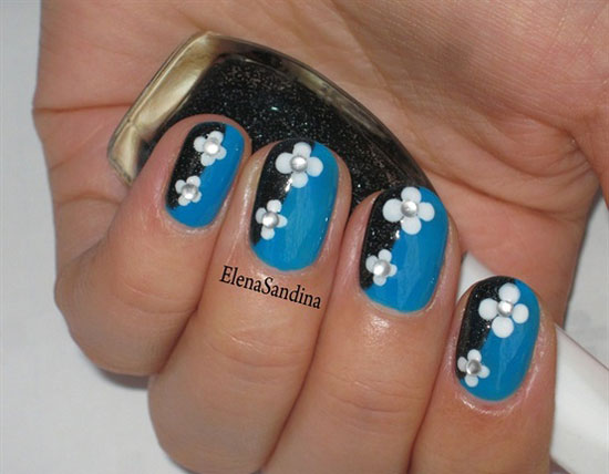 Winter Flowers With Black And Blue Diagonal Nail Art