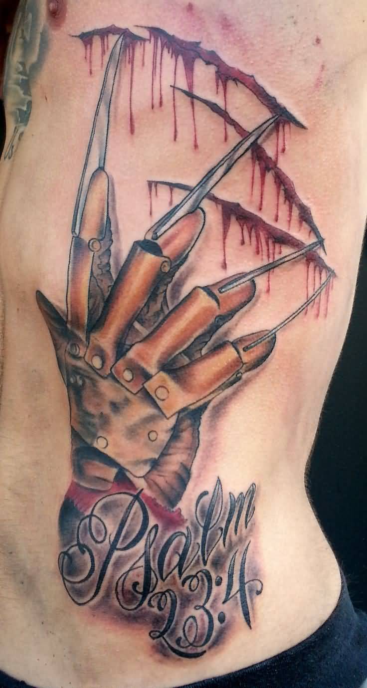 Wonderful 3D Freddy Krueger Glove Tattoo On Side Rib