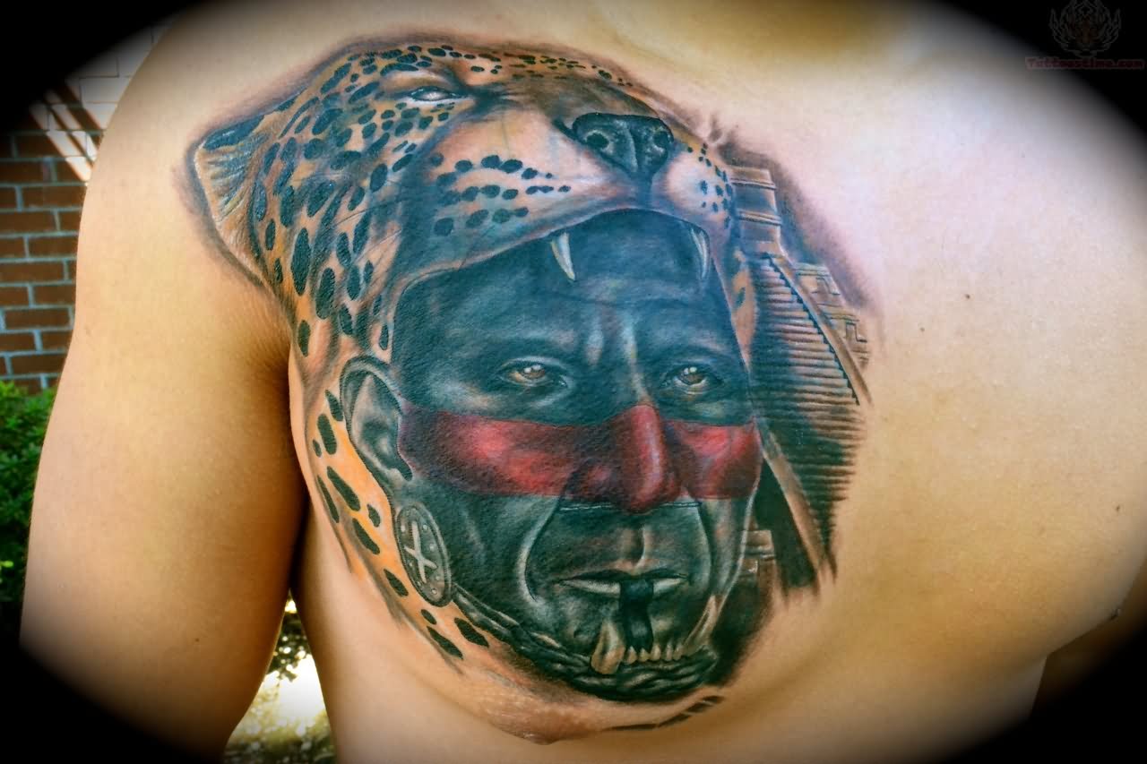 Wonderful Aztec Jaguar Tattoo On Right Chest