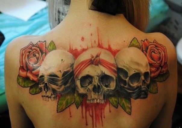 Wonderful Evil Skulls With Red Roses Watercolor Tattoo On Upper Back