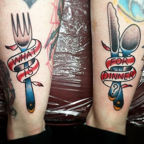 Wonderful Fork And Knife With Spoon And Banner Traditional Tattoo