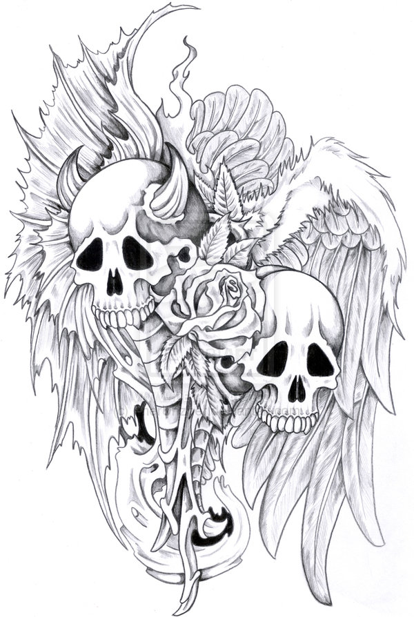 Wonderful Good Vs Evil Skulls Tattoo Design