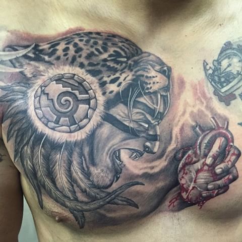 Wonderful Grey Angry Aztec Jaguar Tattoo On Right Chest