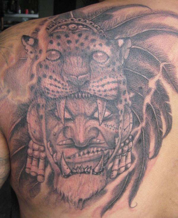 Wonderful Grey Aztec Jaguar Tattoo On Back Left Shoulder