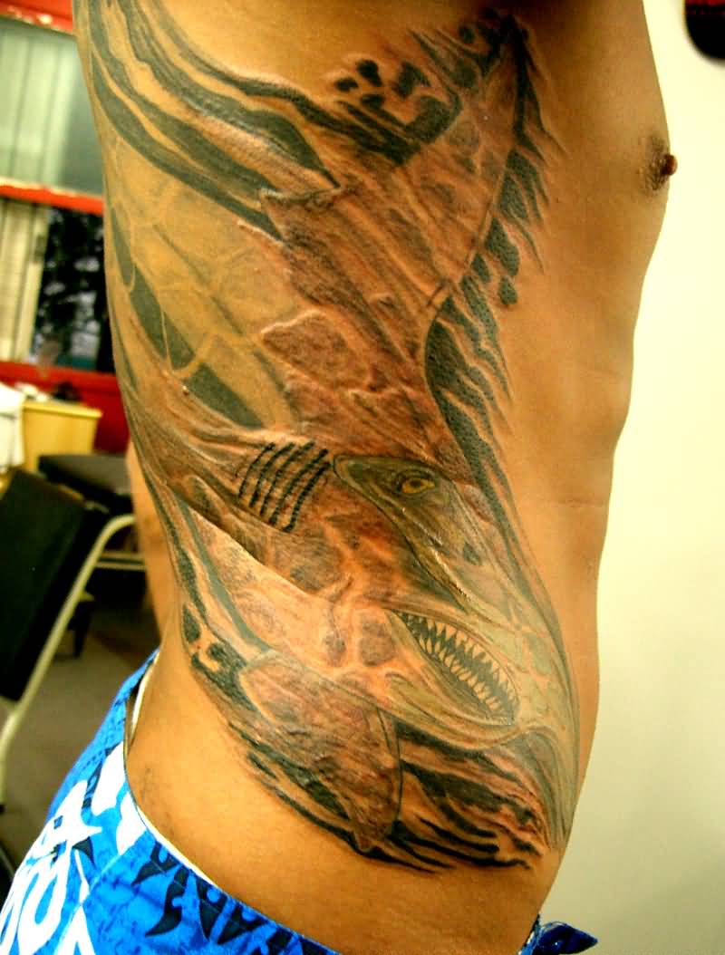 Wonderful Large Hammerhead Shark Swimming Tattoo On Side Rib For Men