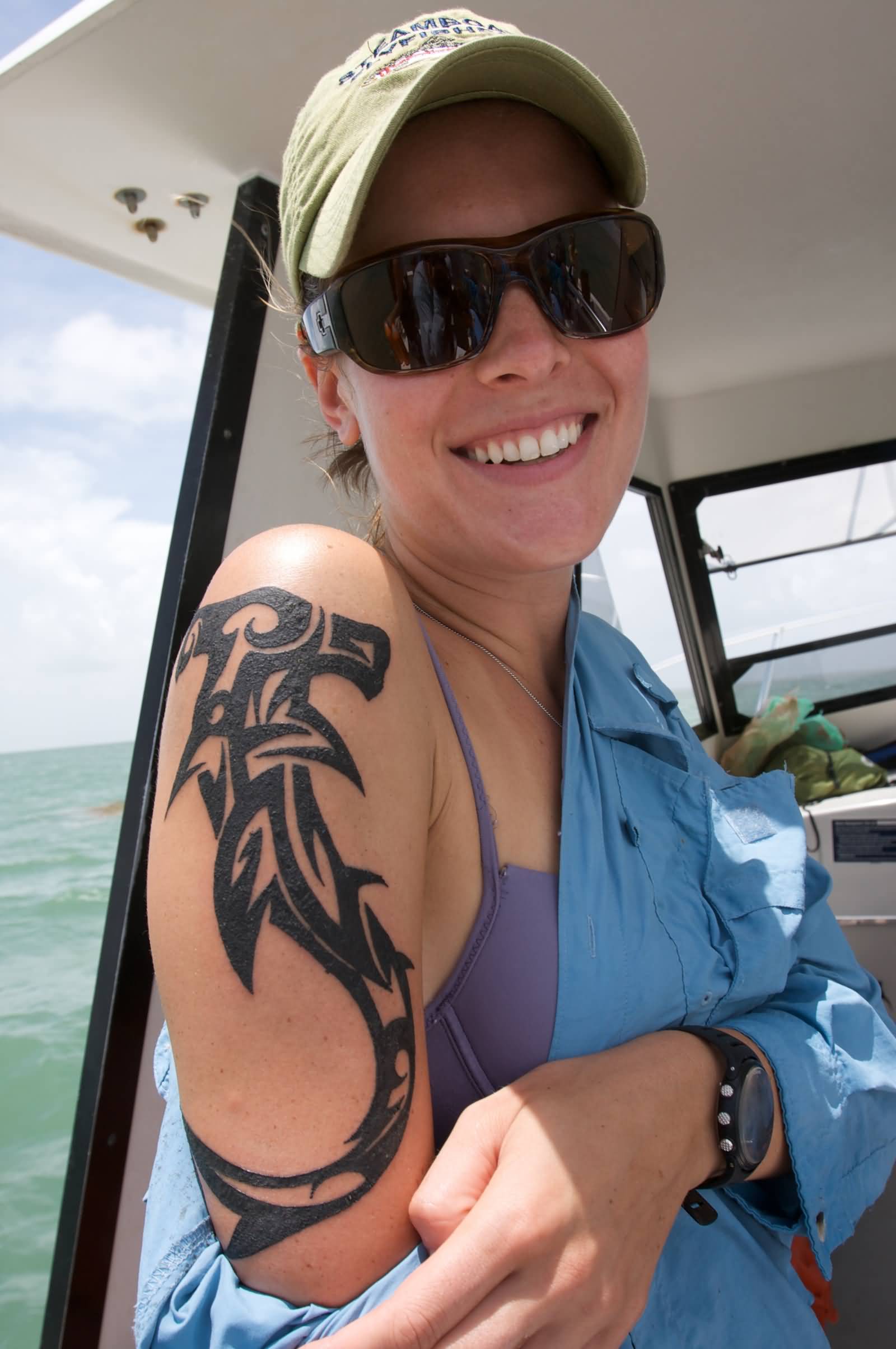 Wonderful Tribal Hammerhead Shark Tattoo On Right Half Sleeve