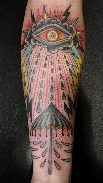 Wonderful Umbrella And Evil Eye Traditional Tattoo