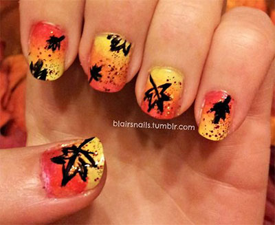 Yellow And Orange Ombre Nails With Autumn Fallen Leaves Nail Art