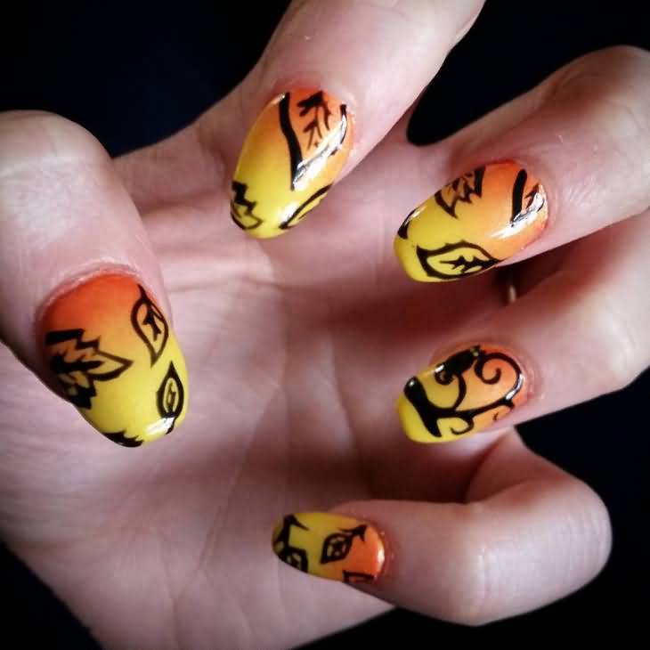 Yellow And Orange Ombre Nails With Fallen Autumn Leaves Nail Art