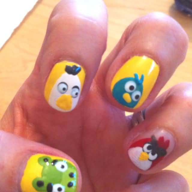 Yellow Base Nails With Angry Birds Nail Art