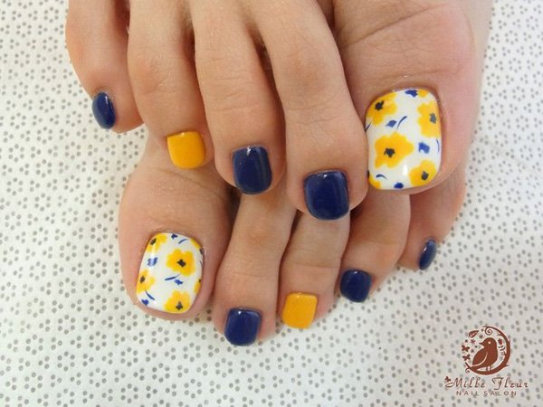 Yellow Flowers And Blue Toe Nail Art