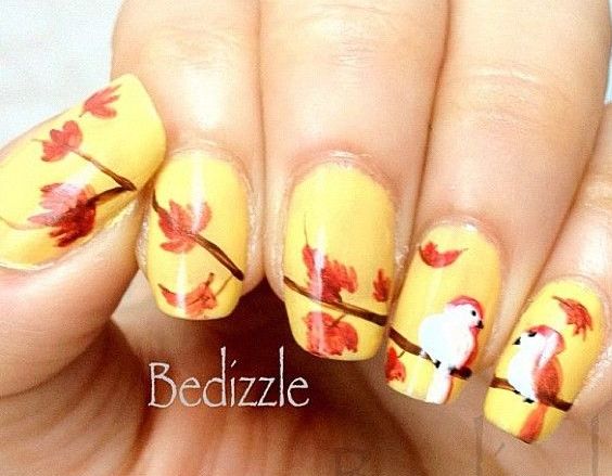 Yellow Nails With Autumn Fallen Leaves And Birds Design Nail Art