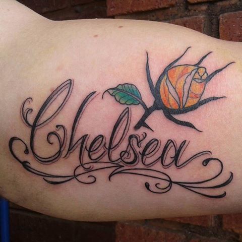 Yellow Rose Bud With Chelsea Name Tattoo On Bicep