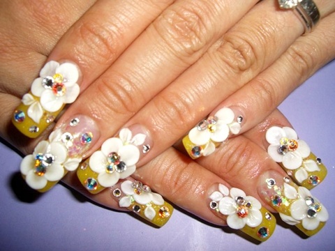 Yellow Tip Nails With White 3D Flowers And Rhinestones Nail Art