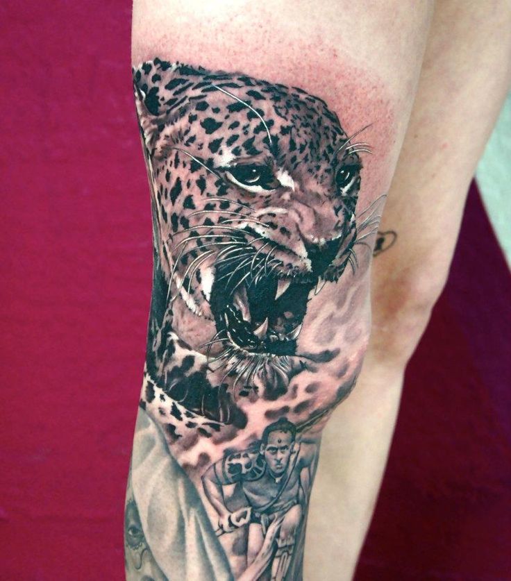 fantastic Jaguar Roaring Tattoo On Leg