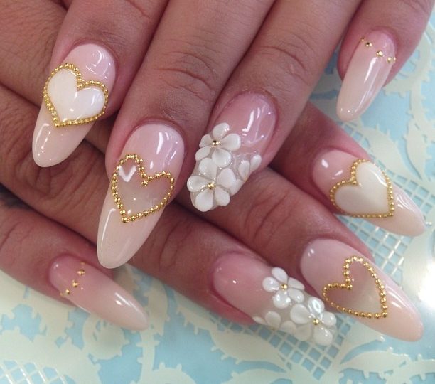 3D Gold Caviar Beads Hears And Flowers Nail Art