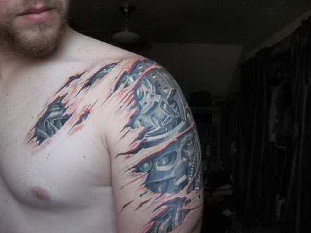 3D Grey Mechanical Tattoo On Left Shoulder For Men