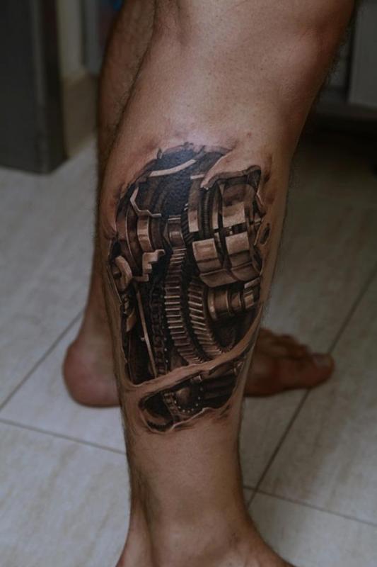 3D Grey Realistic Mechanical Engine Leg Tattoo