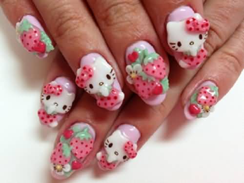 3D Hello Kitty And Strawberries Nail Art