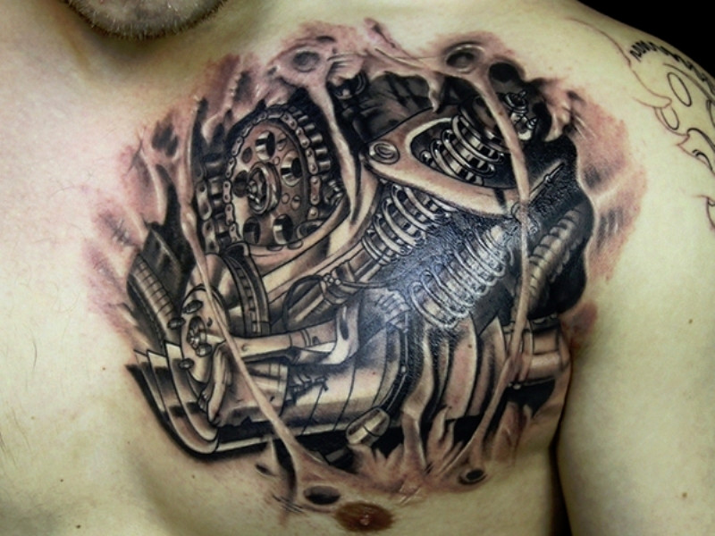 3D Realistic Mechanical Engine Tattoo On Left Chest