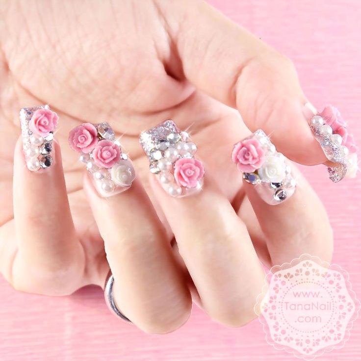 3D Rose Flowers And Pearls Design Nail Art