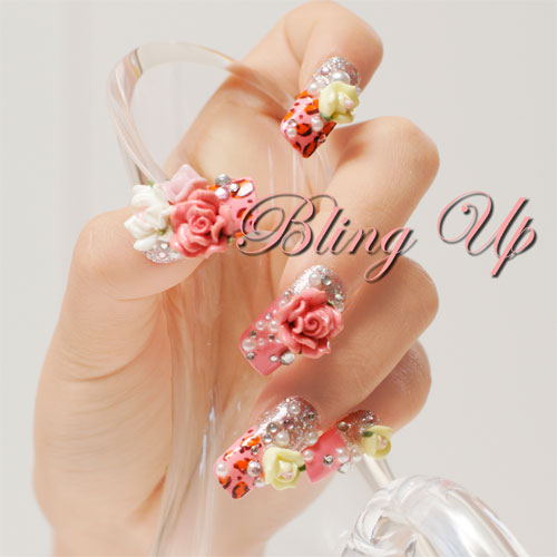 3D Roses With Crystals On Pink Leopard Print Nail Art Design Idea