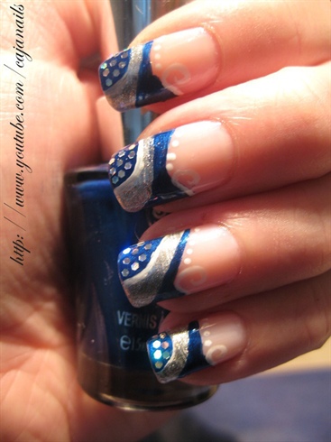 Abstract Blue Nails With Silver Dots And Stripes Design Nail Art